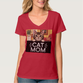 Rode kat Mom V-hals T-shirt