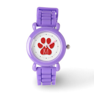 Rode Kat Paw met Witte Monogram en Zwarte Teken Horloge