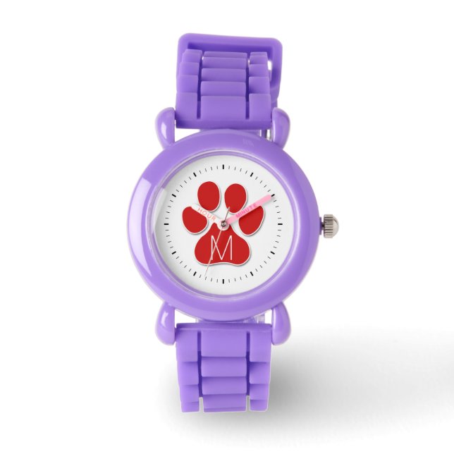 Rode Kat Paw met Witte Monogram en Zwarte Teken Horloge (Voorkant)