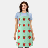 Rode kawaii-aardbeivruchten op blauw schort (Gedragen)