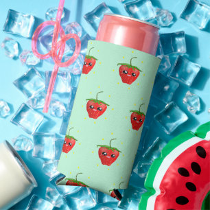 Rode kawaii-aardbeivruchten op blauw seltzer blikjeskoeler