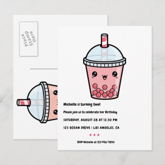 Rode Kawaii Bubble Tea Verjaardagsfeest Postkaart (Voorkant / Achterkant)