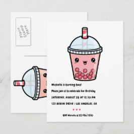 Rode Kawaii Bubble Tea Verjaardagsfeestje Ansichtk Briefkaart