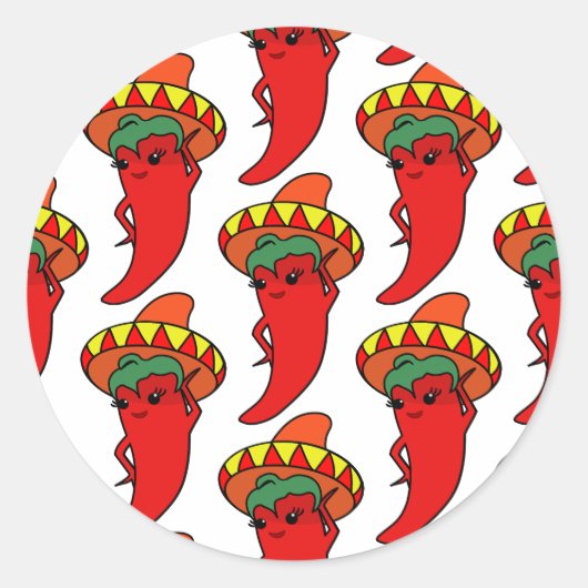 Rode Kawaii Paprika Mexicaanse Sombrero Ronde Sticker (Voorkant)