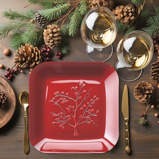 Rode keramische look appelboom papieren bordje