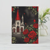 Rode Kerk en Rozen Gotische Elegantie Bruiloft Kaart (Staand voorkant)