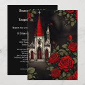 Rode Kerk en Rozen Gotische Elegantie Bruiloft Kaart (Voorkant / Achterkant)