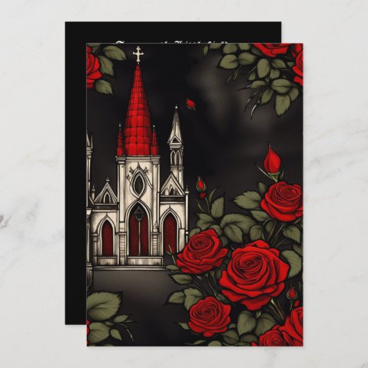 Rode Kerk en Rozen Gotische Elegantie Bruiloft Kaart (Voorkant / Achterkant)