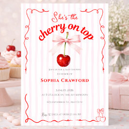 Rode Kers Op Roze Strik Kersen Baby Shower Kaart