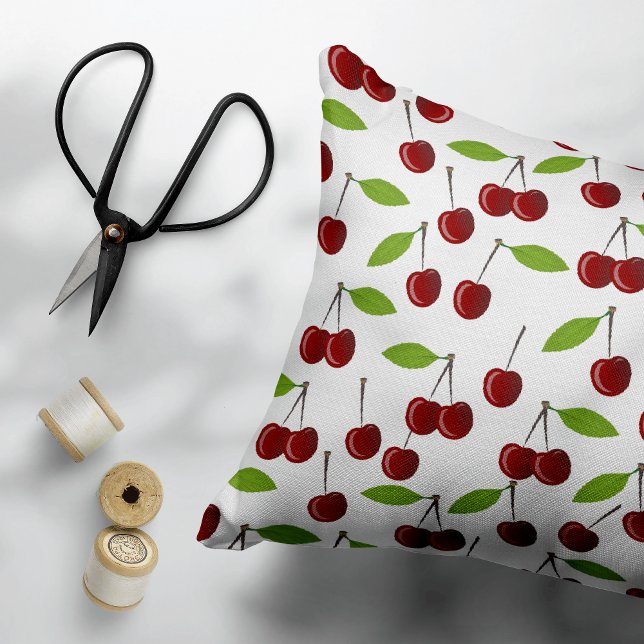 Rode kers, patroon van kersen, bladeren, fruit accent kussen (Creator heeft geüpload)