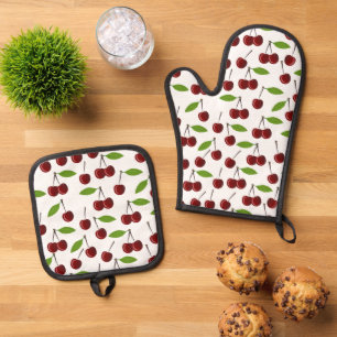 Rode kers, patroon van kersen, bladeren, fruit ovenwant & pannenlap set