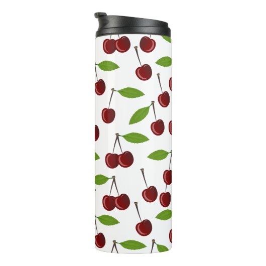 Rode kers, patroon van kersen, bladeren, fruit thermosbeker (Geroteerd rechts)