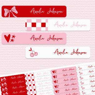 Rode kers & Roze linten Waterdichte naam voor kind Labels