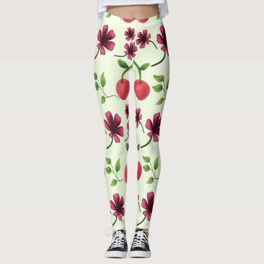 Rode Kersen Bloemmotief Leggings (Voorkant)