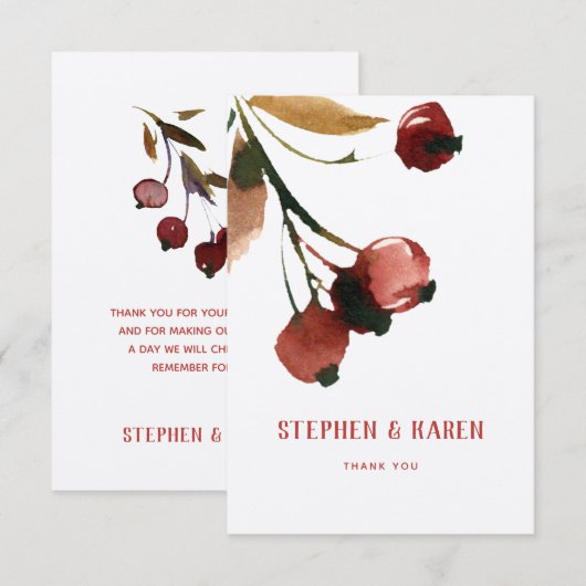 Rode kersen elegante bruiloft bedankpas bedankkaart (Voorkant / Achterkant)