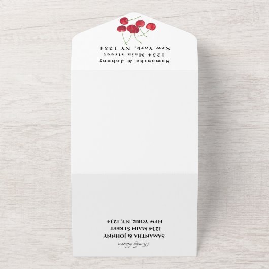 Rode kersen fruit elegante rustieke bruiloft all in one uitnodiging (Buitenkant)