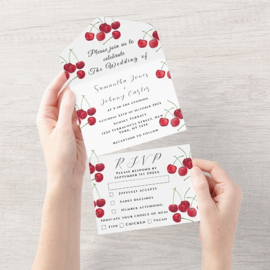 Rode kersen fruit elegante rustieke bruiloft all in one uitnodiging (Afscheurbaar)