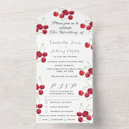 Rode kersen fruit elegante rustieke bruiloft all in one uitnodiging (Binnen)
