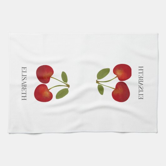 Rode kersen fruit gepersonaliseerde naam theedoek (Horizontaal)