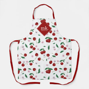 Rode Kersen Groen & Kersenbloesems Monogram Schort