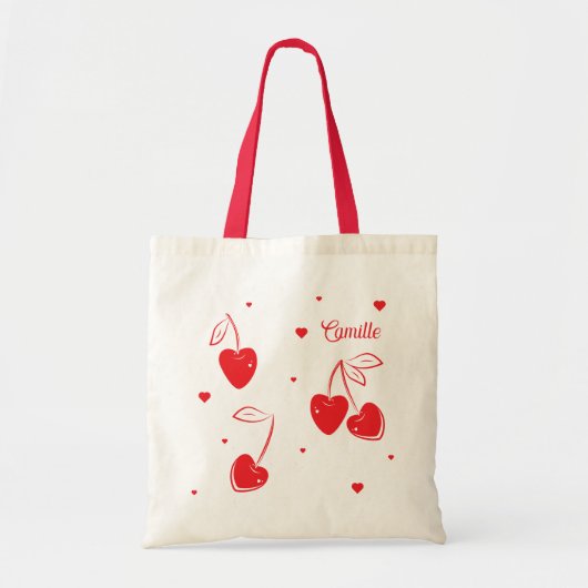 Rode Kersen Harten Whimsical Cute Vorm Naam Tote Bag (Voorkant)