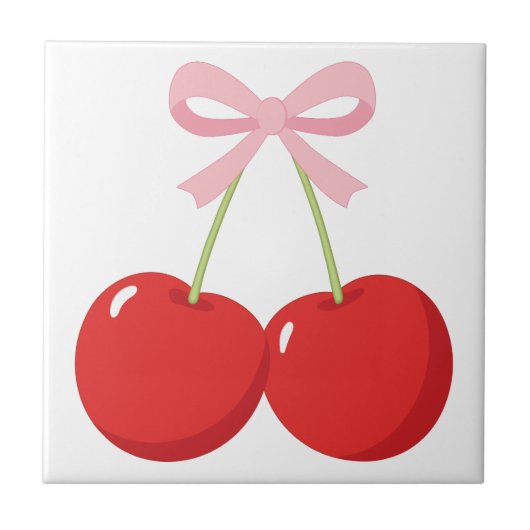 Rode Kersen met Roze Bow Coquette Cottage Chic Tegeltje (Voorkant)