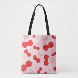 Rode kersen met roze lint Coquette Cottage Chic Tote Bag