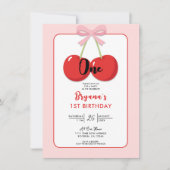 Rode kersen met roze strik Coquette 1e verjaardag  Kaart (Voorkant)