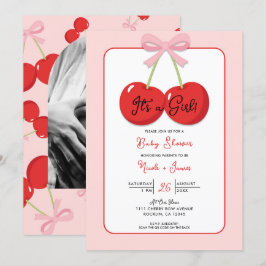 Rode kersen met roze strik Coquette baby shower Kaart