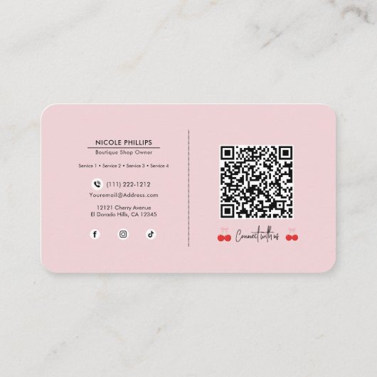 Rode kersen met roze strik Coquette Boutique Visitekaartje (Achterkant)