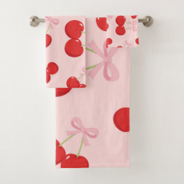 Rode kersen met roze strik Coquette Cottage Chic Bad Handdoek