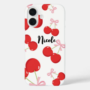 Rode kersen met roze strik Coquette Cottage Chic iPhone 16 Hoesje