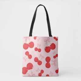 Rode kersen met roze strik Coquette Cottage Chic Tote Bag