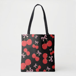 Rode kersen met roze strik Coquette Cottage Chic Tote Bag