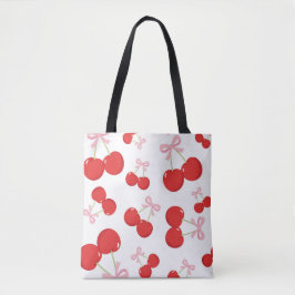 Rode kersen met roze strik Coquette Cottage Chic Tote Bag