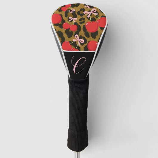 Rode kersen met roze strik Coquette Leopard Print Golfheadcover (Voorkant)