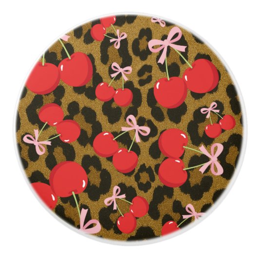 Rode kersen met roze strik Coquette Leopard Print Keramische Knop (Voorkant)