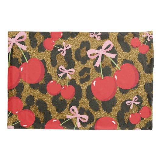 Rode kersen met roze strik Coquette Leopard Print Kussensloop (Achterkant)