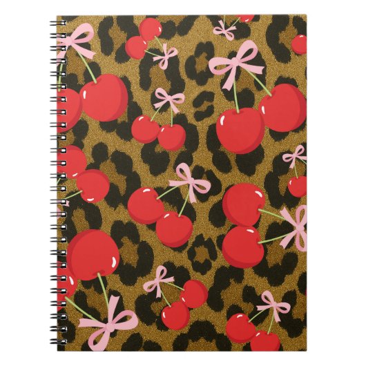 Rode kersen met roze strik Coquette Leopard Print Notitieboek (Voorkant)