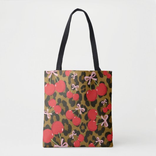 Rode kersen met roze strik Coquette Leopard Print Tote Bag (Voorkant)