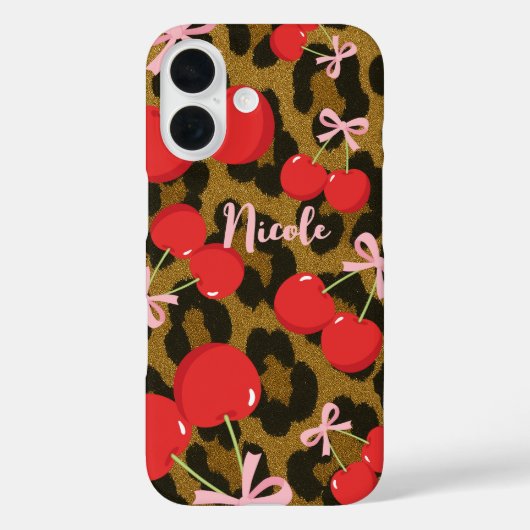 Rode kersen met roze strik Coquette luipaardprint Case-Mate iPhone Case (Achterkant)