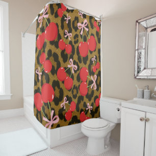 Rode kersen met roze strik Coquette luipaardprint Douchegordijn