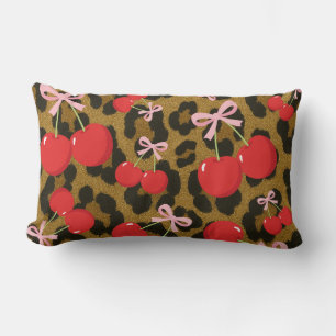 Rode kersen met roze strik Coquette luipaardprint Kussen