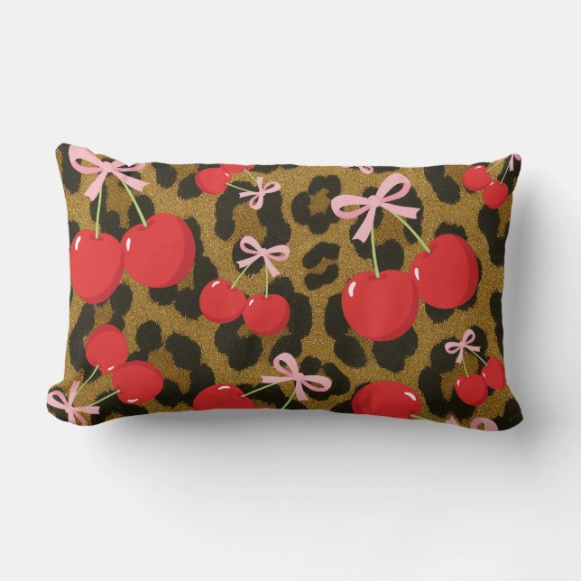 Rode kersen met roze strik Coquette luipaardprint Kussen (Voorkant)