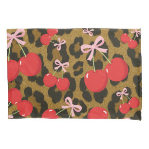 Rode kersen met roze strik Coquette luipaardprint Kussensloop