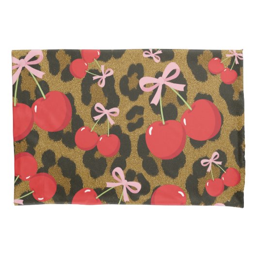 Rode kersen met roze strik Coquette luipaardprint Kussensloop (Voorkant)