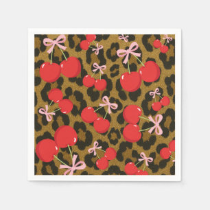 Rode kersen met roze strik Coquette luipaardprint Servet