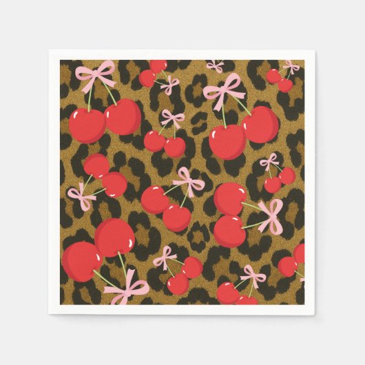 Rode kersen met roze strik Coquette luipaardprint Servet (Voorkant)