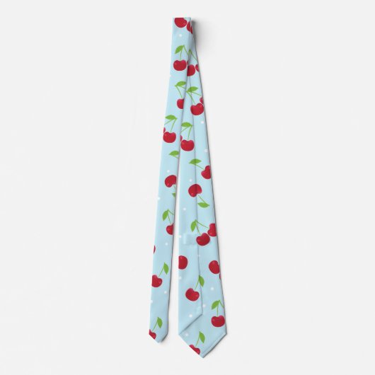 Rode kersen op babyblauwe stippen stropdas (Achterkant)