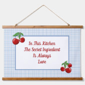 Rode kersen op Blauwe Keuken Hangend Wandkleed (Voorkant)